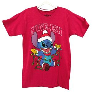 Disney Stitch Adult Small Red Nice-ish Christmas Graphic T-Shirt Holiday Unisex